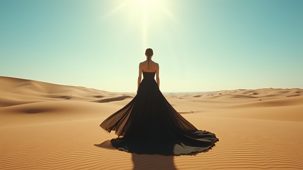 Elegant woman in black dress standing alone in vast sandy desert under clear blue sky with distant dunes and golden sunlight