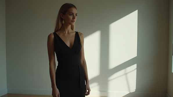 Elegant Woman in Black Dress Posing Confidently