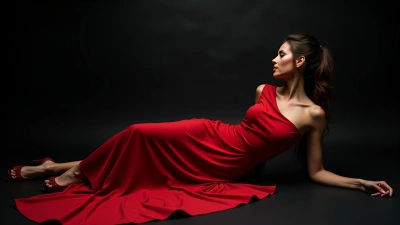 Elegant Woman in Flowing Red Dress Reclining Gracefully