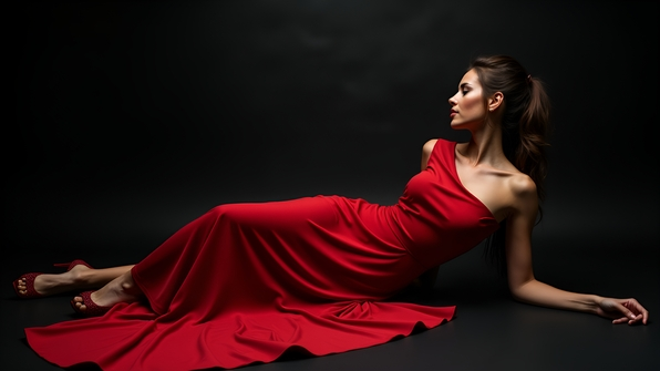 Elegant woman in flowing red dress reclining gracefully on smooth black surface with soft lighting highlighting her silhouette