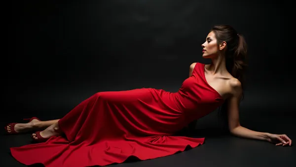Elegant Woman in Flowing Red Dress Reclining Gracefully
