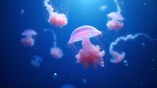 Close-up of ethereal white and purple jellyfish gracefully floating in deep blue water illuminated by soft light