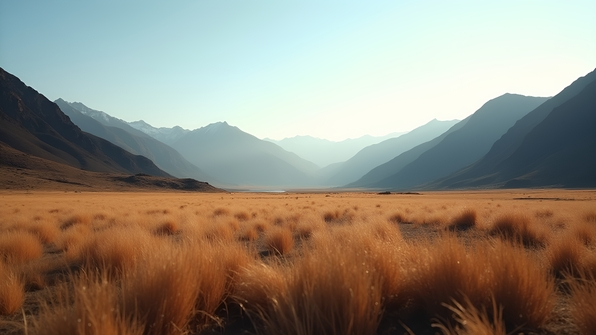 Expansive brown grassy field under clear daytime sky with rugged black mountains in the background