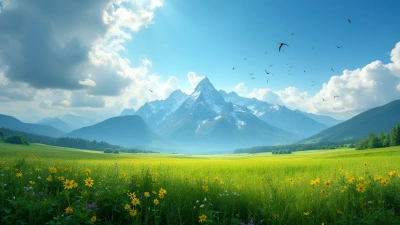 Expansive Green Field with Wildflowers and Mountains