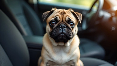 Fawn Pug Sitting Alertly Inside Car
