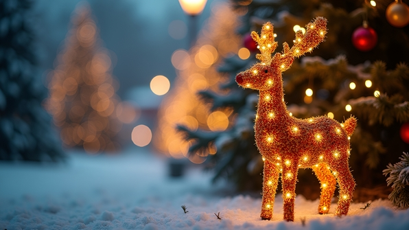 Close-up bokeh shot of a festive reindeer topiary adorned with holiday lights against a softly blurred background