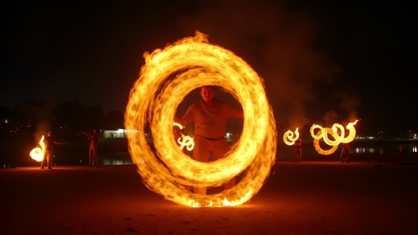 A dynamic timelapse photo showing fire dancing with vibrant swirling flames and motion blur at night