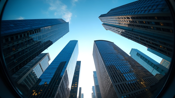 Fish eye lens view of towering high-rise buildings with curved distortion under a clear blue sky