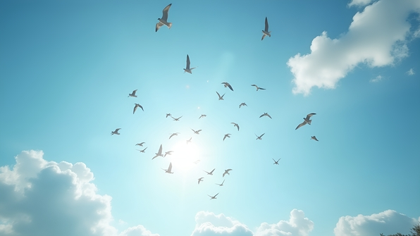 A dynamic flock of birds soaring gracefully in a clear blue sky with soft scattered white clouds