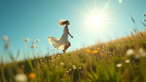 Flowing White Dress Woman Ascending Hill