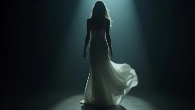 Flowing White Dress Woman In Shadowy Setting