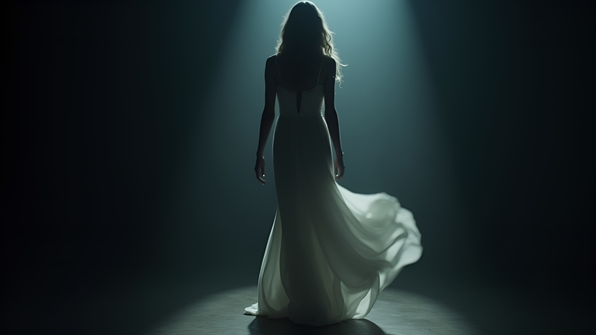 A woman in a flowing white dress stands alone in a shadowy, dimly lit environment evoking mystery and elegance