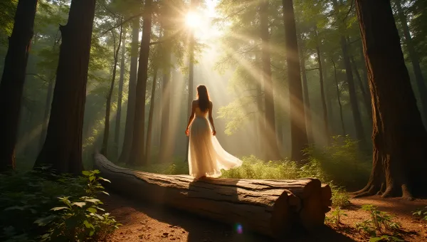 Flowing White Dress Woman On Tree Log