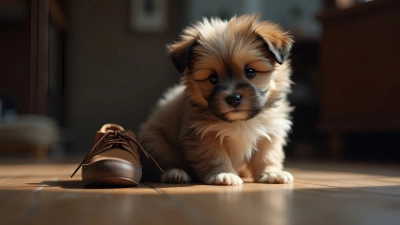 Fluffy Brown Gray Puppy Sitting Indoors