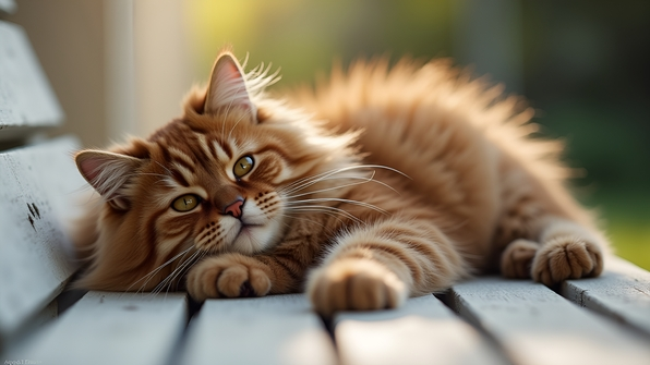 Fluffy Brown Persian Cat Lounging On White Bench