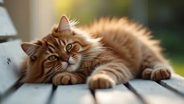 Fluffy Brown Persian Cat Lounging On White Bench