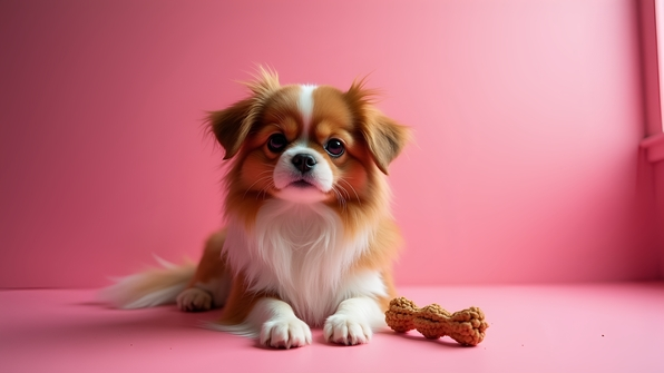 Fluffy brown and white long-haired dog sitting on a bright pink table with a softly lit background