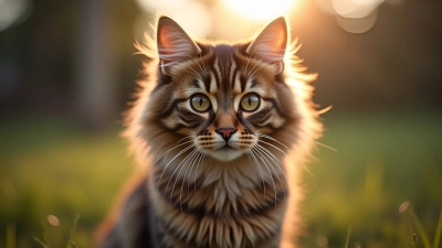 Fluffy Domestic Cat With Bright Eyes Close-Up