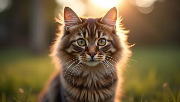 Fluffy Domestic Cat With Bright Eyes Close-Up