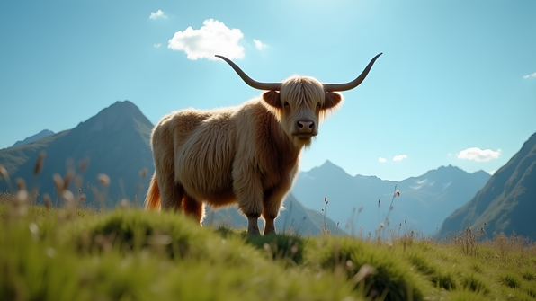 A fluffy domestic yak with long shaggy fur standing in a green mountain pasture under a clear blue sky