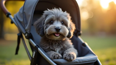 Fluffy Gray Dog Sitting In Baby Stroller Outdoors