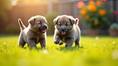 Fluffy Gray Puppies Exploring Sunny Backyard