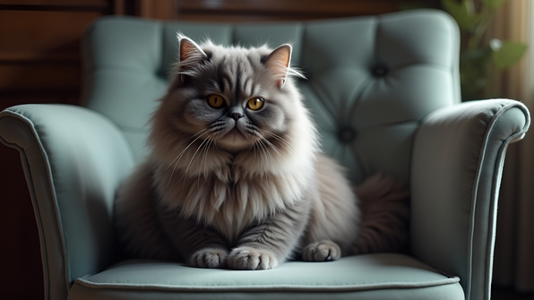 Fluffy grey Persian cat perched gracefully on a plush chair with soft lighting highlighting its luxurious fur
