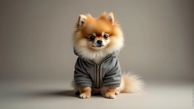 Fluffy Pomeranian Dog In Stylish Gray Jacket