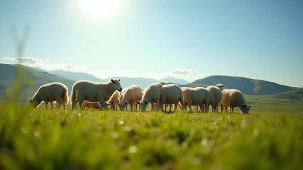 A peaceful herd of fluffy sheep grazing on a vibrant green grass field under a clear blue daytime sky