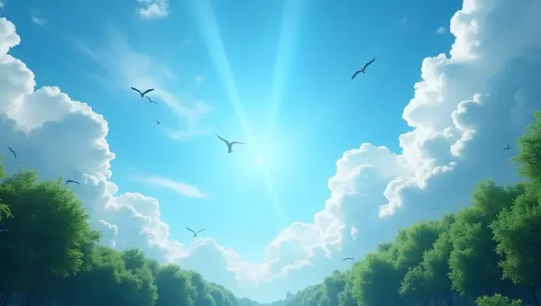 Fluffy White Clouds Above Green Treetops