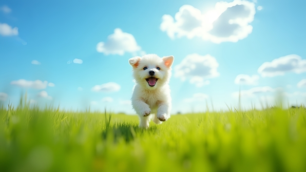Fluffy white dog running on vibrant green grass under a bright blue sky