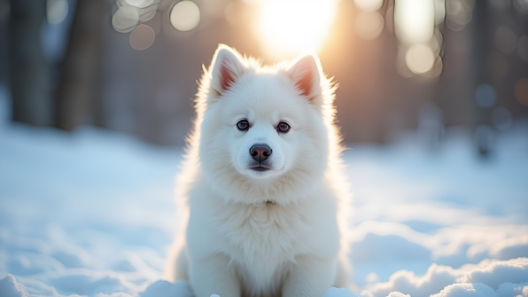 Fluffy white dog sitting in fresh snow with bright, expressive eyes under soft winter light