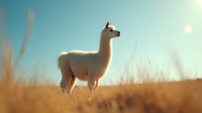 Fluffy White Llama Standing In Dry Grass