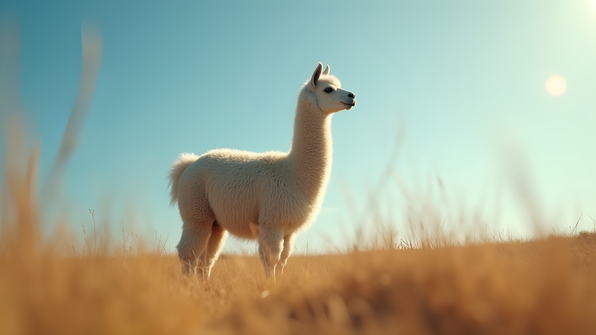 Fluffy White Llama Standing In Dry Grass