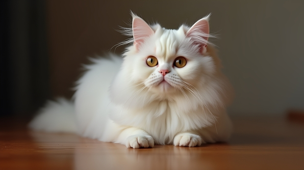 Fluffy white Persian cat with bright eyes sitting calmly on a polished brown wooden table