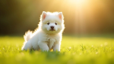 Fluffy White Puppy Sitting on Grass