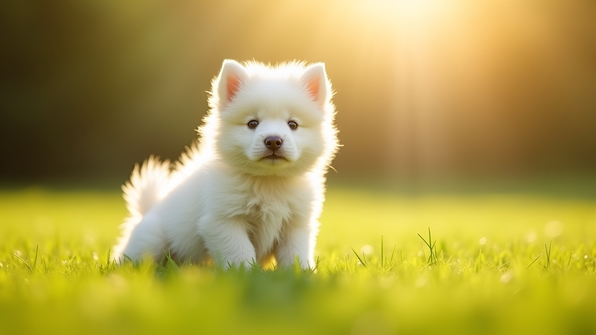 Fluffy white puppy with a long silky coat sitting on green grass under bright natural sunlight