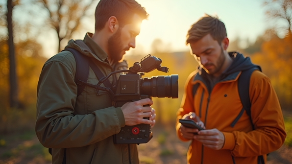 A focused man filming outdoors with a professional video camera capturing vibrant scenery under natural daylight