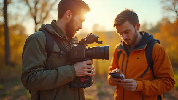 Focused Man Filming Outdoors With Video Camera