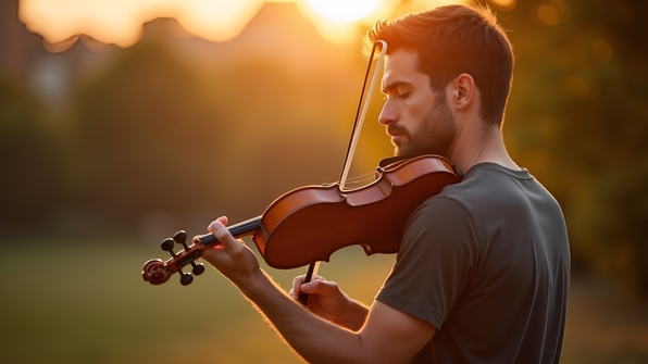 A focused man holding a wooden violin outdoors during golden hour