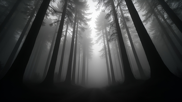 Fog-covered forest with silhouetted trees fading into mist in black and white