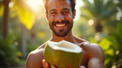 Fresh Coconut Fruit Held By Smiling Man Outdoors