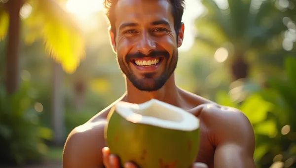 Fresh Coconut Fruit Held By Smiling Man Outdoors