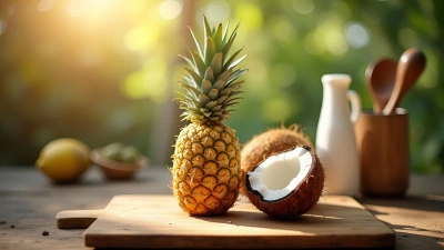 Fresh Pineapple And Cracked Coconut On Chopping Board