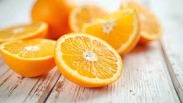 Close-up of freshly sliced oranges arranged on a rustic white wooden table with bright natural lighting