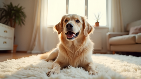 A friendly dog sitting calmly on a soft white area rug in a bright, minimalist living room with natural light