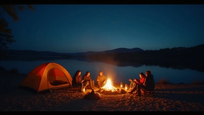 Friends Around Bonfire By Lakeshore At Twilight