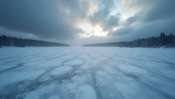 Frozen Lake with Thick Ice Under Overcast Sky