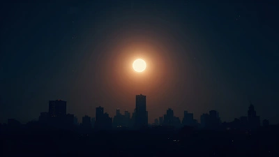 Full Moon Over City Skyline At Night