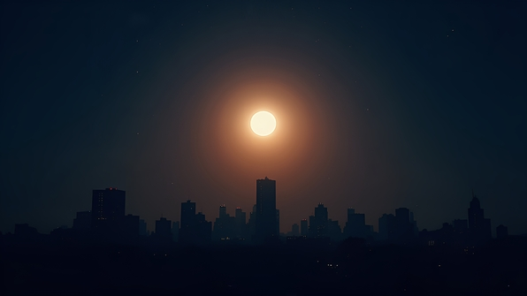 Full moon over city skyline with silhouetted buildings under a clear night sky